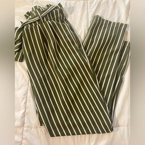 Olive Green Striped Paper Bag Pants